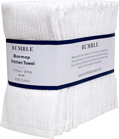 Bumble Deluxe Bar Towels | 16" x 19" Premium Bar Mop for Kitchen | Super Absorbent Kitchen Towels | 100% Cotton Heavy Weight 2-ply Yarn| Ribbed Weave (12 Pack) (White) in Kuwait