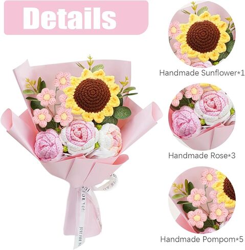 YIEFNYIN Crochet Flowers Bouquet 2024 New Handmade Completed Knitted Flowers Bouquet for Mother's Day Graduation's Day Gifts Home Kitchen Wedding Decorations（Pink） in Saudi Arabia