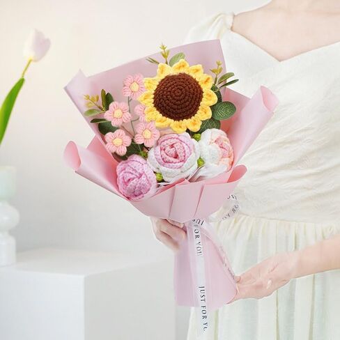 YIEFNYIN Crochet Flowers Bouquet 2024 New Handmade Completed Knitted Flowers Bouquet for Mother's Day Graduation's Day Gifts Home Kitchen Wedding Decorations（Pink） in Saudi Arabia