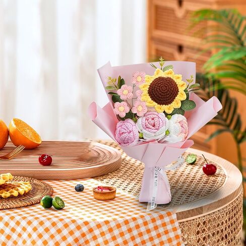 YIEFNYIN Crochet Flowers Bouquet 2024 New Handmade Completed Knitted Flowers Bouquet for Mother's Day Graduation's Day Gifts Home Kitchen Wedding Decorations（Pink） in Saudi Arabia