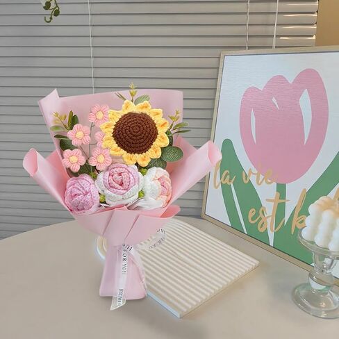 YIEFNYIN Crochet Flowers Bouquet 2024 New Handmade Completed Knitted Flowers Bouquet for Mother's Day Graduation's Day Gifts Home Kitchen Wedding Decorations（Pink） in Saudi Arabia