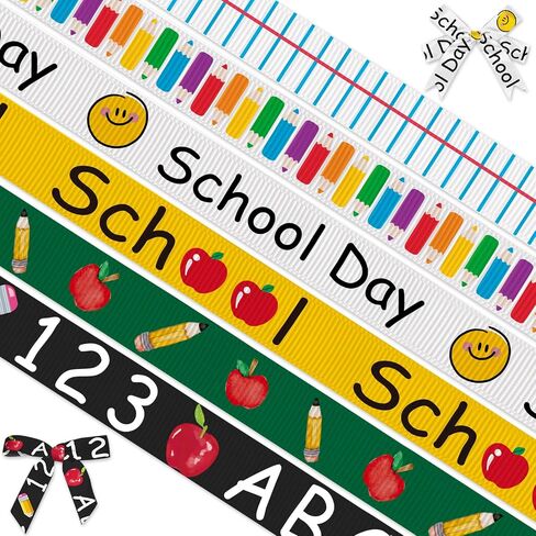 4 Rolls 20 Yards Back to School Ribbons, First Day of School Grosgrain Ribbons Welcome Back 3/8" Ribbons School Rock Ribbons Book Apple Gift Wrapping Ribbons for Teacher Kindergarten Party Supplies in Kuwait