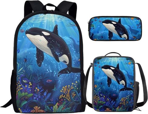 17 Inch Animal Print School Backpack And Lunch Box Set for Kids Lightweight Undersea Killer Whale Orca Backpack for Boys Girl School Bag with Insulated Lunchbox Pencil Case Student Bookbag in Saudi Arabia