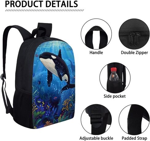 17 Inch Animal Print School Backpack And Lunch Box Set for Kids Lightweight Undersea Killer Whale Orca Backpack for Boys Girl School Bag with Insulated Lunchbox Pencil Case Student Bookbag in Saudi Arabia