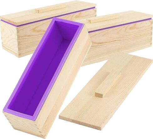 3PCS 47oz Silicone Soap Kit, Yellow Rectangular Silicone Loaf Soap Making with 3 Wooden Boxes and 3 Lids, DIY Supplies for Soap Making in Saudi Arabia