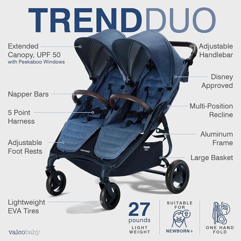 Valco Baby - Trend Duo Double - عربة أطفال مزدوجة جنبًا إلى جنب لحديثي الولادة والأطفال الصغار - سهلة الطي، قابلة للطي، متعددة الأوضاع، عربة أطفال مزدوجة بمظلة كبيرة 2025 (أسود ليلي) in Kuwait