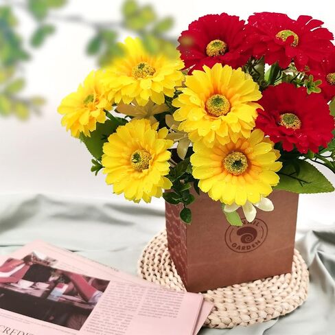 حديقة الحلزون 12 رأسًا من زهور الأقحوان الاصطناعية الحريرية، لونين من زهور الأقحوان جربيرا الحريرية مع مزهرية واحدة من ورق الكرافت للمنزل والمكتب وديكور استحمام الطفل وترتيب زهور الزفاف (الأحمر والأصفر) in Kuwait