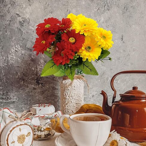 حديقة الحلزون 12 رأسًا من زهور الأقحوان الاصطناعية الحريرية، لونين من زهور الأقحوان جربيرا الحريرية مع مزهرية واحدة من ورق الكرافت للمنزل والمكتب وديكور استحمام الطفل وترتيب زهور الزفاف (الأحمر والأصفر) in Kuwait