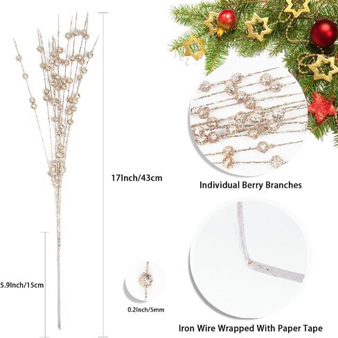 AVOIN 10 Pack Christmas Picks for Tree, Christmas Tree Decor with Artificial Glitter Berry Stem, Christmas Tree Filler Decorations, Champagne Christmas Decorations (17 Inch, Champagne) in Saudi Arabia