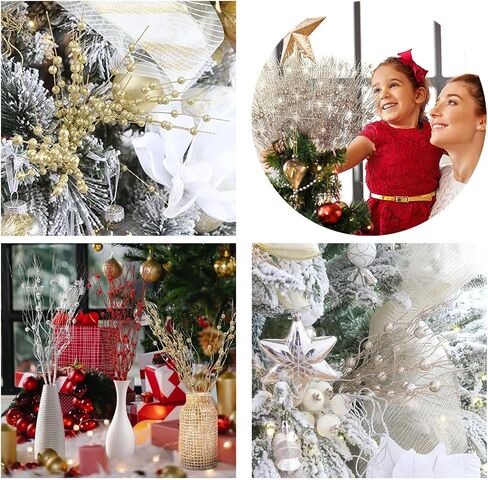 AVOIN 10 Pack Christmas Picks for Tree, Christmas Tree Decor with Artificial Glitter Berry Stem, Christmas Tree Filler Decorations, Champagne Christmas Decorations (17 Inch, Champagne) in Saudi Arabia