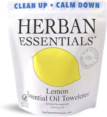 Herban Essentials Lemon Towelettes - Essential Oil Wipes for Hands, Travel Face Wipes - Natural Hand Wipes, Moist Towelettes Individually Wrapped Body Wipes - 20 Count in Saudi Arabia