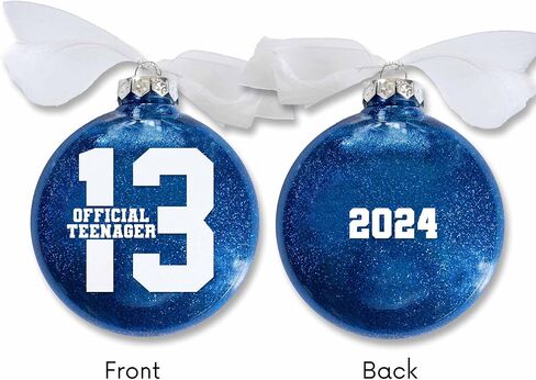 13 Official Teenager Christmas Ornament, 13th Birthday Gift for Teen Boy or Girl, Turning Thirteen Years Old Keepsake, Sparkly Glittered Bauble with White Organza Bow in Saudi Arabia