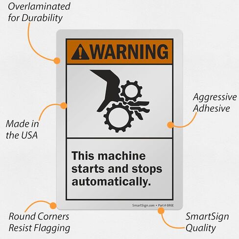 SmartSign 5 × 3.5 بوصة "تحذير - هذه الآلة تبدأ وتتوقف تلقائيًا" ملصق ANSI، 3 مل بوليستر لاصق مصفح، برتقالي، أسود وأبيض in Saudi Arabia