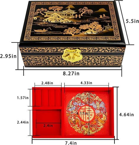 Fengshuibringluck Traditional Jewelry Box Dragon Phoenix Wood Jewelry Organizer Mother's Day gift Double Layer Small Bracelet Holder Ring Case Earring Display (Dragon ＆ Phoenix) in Saudi Arabia