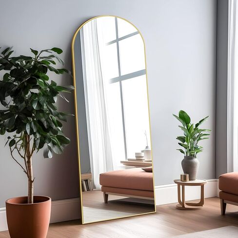 NeuType Arched Full Length Mirror, 59"x20" Wall Mirror, Wooden Thin Frame, Hanging or Leaning Against Wall, Oversized Large Bedroom Mirror, Floor Mirror, Dressing Mirror, Gold in Saudi Arabia