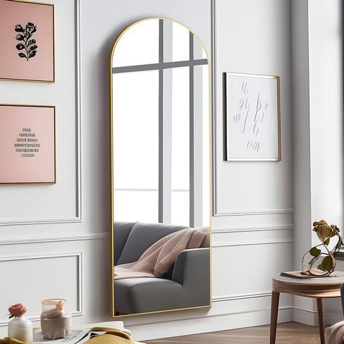 NeuType Arched Full Length Mirror, 59"x20" Wall Mirror, Wooden Thin Frame, Hanging or Leaning Against Wall, Oversized Large Bedroom Mirror, Floor Mirror, Dressing Mirror, Gold in Saudi Arabia