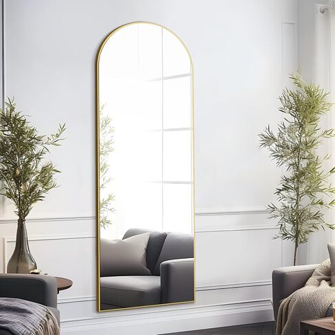 NeuType Arched Full Length Mirror, 59"x20" Wall Mirror, Wooden Thin Frame, Hanging or Leaning Against Wall, Oversized Large Bedroom Mirror, Floor Mirror, Dressing Mirror, Gold in Saudi Arabia