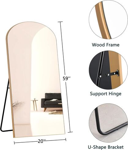 NeuType Arched Full Length Mirror, 59"x20" Wall Mirror, Wooden Thin Frame, Hanging or Leaning Against Wall, Oversized Large Bedroom Mirror, Floor Mirror, Dressing Mirror, Gold in Saudi Arabia