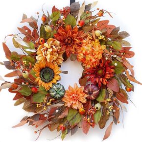 Large Fall Wreaths for Front Door- 24 Inch Artificial Silk Fall Door Wreath Sunflower Autumn Wreath with Fall Leaves and Dahlias-Farmhouse Indoor Outdoor Harvest Thanksgiving Wreath Decor