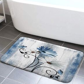 Rustic Farmhouse Bath Mat, Farm Purple Daisy Floral Flowers Butterfly Country Wooden Bath Rug for Bathroom, Grey White Bath Mat Soft Non Slip Bath Rugs, 17X29IN