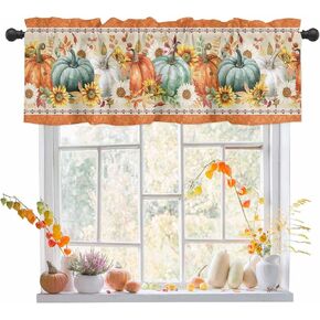 Fall Valance for Windows Thanksgiving Curtains Valances Green Orange Pumpkin Valance Window Treatments Autumn Eucalyptus Leaves Short Curtains for Kitchen Living Room Bedroom Holiday Decor 54x18