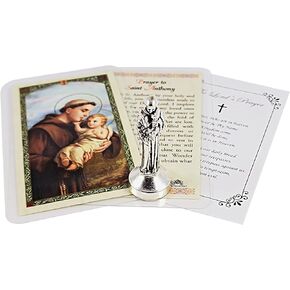 Mini St Anthony Statue Metal (2 Inch) Saint Anthony Laminated Prayer Card, The Lord's Prayer Card | Saint Anthony Padua Figurine | Magnetic Sticky Statue Base for Car Dash or Flat Surfaces, 3 Items