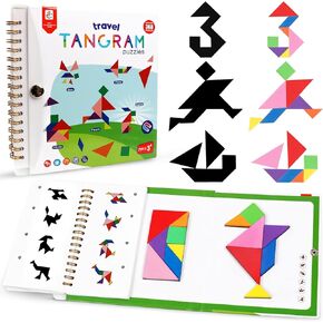 Travel Tangram Puzzle Car Game Magnetic Pattern Blocks Road Airplane Trip Essentials Activities Montessori Educational Toys Brain Teasers Book for Age 4-8 Kids Boys Girls Toddler (240 Solution)
