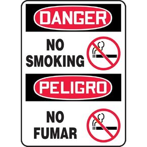 Accuform SBMSMK016XV Spanish-Bilingual Adhesive Dura-Vinyl Sign, Legend "Danger NO Smoking/PELIGRO NO FUMAR", 14" Length x 10" Width x 0.006" Thickness, Red/Black on White