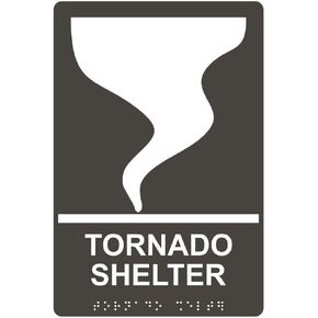 ComplianceSigns.com Tornado Shelter Sign, ADA-Compliant Braille and Raised Letters, 9x6 in. Charcoal Gray Acrylic Plastic with Adhesive Mounting Strips