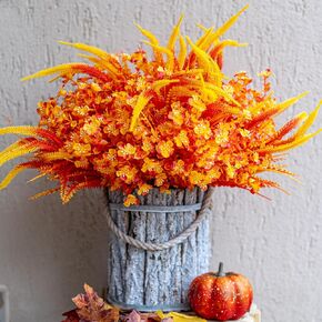 Artificial Fall Flowers for Outdoors Fake Mums 16 Bundles (16, OrangeGreenGrass)