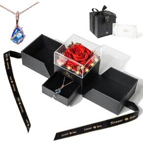 Otuo Preserved Roses Gift Jewerlry Box, Real Eternal Rose Flower with Necklace and Led Mood Light, Gifts for Girlfriend, Mom, Women, Wife, Birthday (Red)