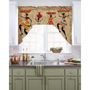 African Women Swag Valance Kitchen Curtains, Rod Pocket Valance Curtain Panels for Bedroom Living Room Bathroom Cafe Windows, Retro Native American Indian Ethnic Bohemian 56''x36''