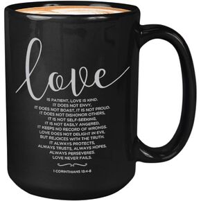 Bible Verse Coffee Mug - Love Is Patient Love Is Kind 1 Corinthians 13:4-8 - Bible Verses Art Christian Quote Nursery Love 15oz Black