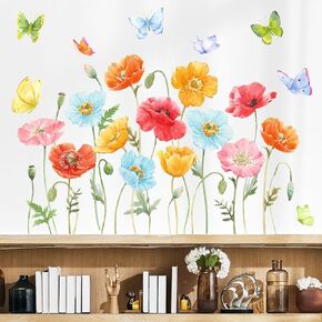 5 Large Tulip Flowers Wall Decals Garden Floral Wall Stickers Watercolor Colorful Tulips Green Plants Leaves Wall Art Vinyl DIY Removable Kids Girls Bedroom Living Room Nursery Home Decoration