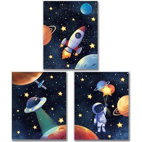 MWOOT Space Astronaut Canvas Poster for Boys Bedroom Wall Decor, 3Pcs3 Kids Children Playroom Wall Art Print (30X40CM), Solar System Rocket Wall Poster Large - Room Decoration Accessories (B Series)