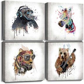 Byllyaz Animals Canvas Wall Art for Bedroom Decor Vintage Watercolor Music Chimpanzee with Zebra Bear Leopard Framed Print Picture for Kids Room 4Pcs/Set 12x12