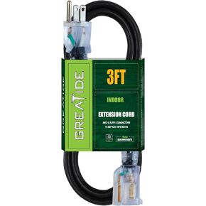 6 Ft Lighted Outdoor Extension Cord - 12/3 SJTW Heavy Duty Black Extension Cable with 3 Prong Grounded Plug - 15 Amp Power Cord for Lawn, Garden, Appliances