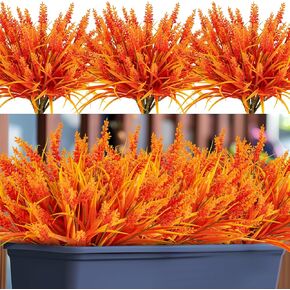 Artificial Flowers for Outdoor Plants 24 Bundles Fake Lavender Plastic Faux Monkey Grass for Verandah Window Garden Office Patio Front Porch UV Resistant for Planter(Orange)