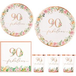 Crisky 90th Birthday Napkins and Plates for Women Rose Gold Floral Party Decoration, 90 and Fabulous Plates and Napkins for Women 90th Birthday.