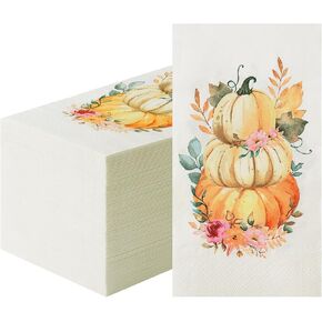 100 Pcs Fall Paper Napkins Thanksgiving Guest Napkins, 3 Ply Watercolor Pumpkin Holiday Napkins Guests Disposable Hand Towels for Harvest Autumn Home Dinner Kitchen Bathroom Powder Room Holiday Party
