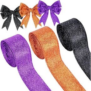 Juinte 3 Roll 30 Yards Mardi Gras Glitter Wired Ribbon Mardi Gras Party Favors Decor Gift Wrapping Ribbon for Craft Headband Bow Decor(Black, Orange, Purple, 1.5 Inch)