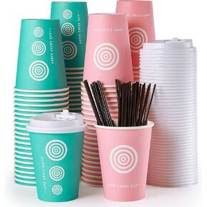 20 oz Paper Cups, 100 Pack Disposable Coffee Cups with Lids and Stirrers, Hot Paper Cups for Cold/Hot Coffee, Juice, Tea. To Go Coffee Cups for Home, Store and Cafe (Pink and Green)