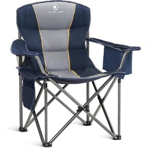 ALPHA CAMP Oversized Camping Folding Chair Heavy Duty with Cooler Bag Support 450 LBS Steel Frame Collapsible Padded Arm Quad Lumbar Back Chair Portable for Lawn Outdoor,Blue