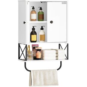 Bathroom Wall Cabinet with 2 Door and Adjustable Shelf, Farmhouse Medicine Cabinet with Towel Rack, 3-Tier Wall Mounted Storage Cabinet Over The Toilet for Bathroom Laundry Room, Black
