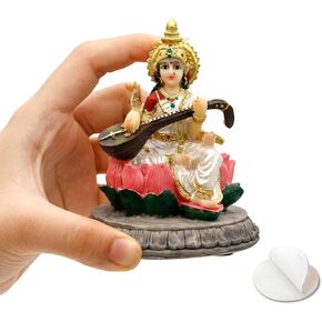 BangBangDa Small Saraswati for Car Dashboard - 3.9" H Lord Saraswati Statue for Vehicle Decor Polystone Indian God Birthday Diwali Father’s Day for Indian People Friend Altar Pooja