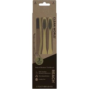 Reach Clean World Natural Bamboo Toothbrush, Soft Plant-Based Bristles, FSC Certified Bamboo and Paperboard, Recyclable Packaging, 3 Count