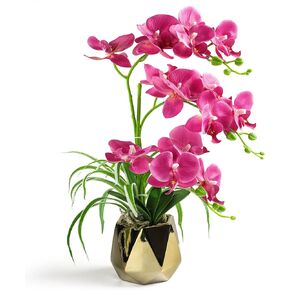 Orchids Artificial Flowers, Fake Orchid Plants & Flowers in Vase, Faux Orchid in Pot for Home Decor Indoor,Pink Artificial Flowers with Gold Vase