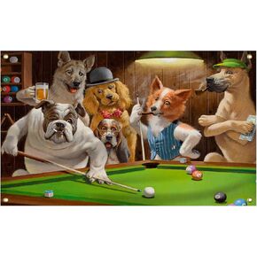 YOSASAH Dogs Playing Pool Flag 3X5 FT Tapestry Dorm Decor Man Cave Wall Banner Poster with Brass Grommets For College Dorm