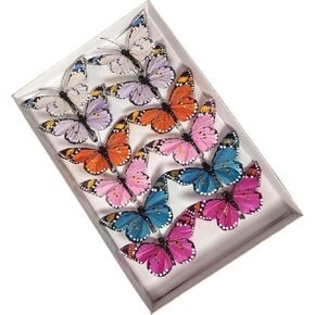 YCHTEWY-Feather Fake Butterfly for Craft Decoration Set of 12 with Wire Wedding Home Flower Pot Christmas Party Spring Home Decor Floral
