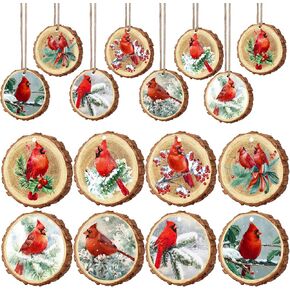16 PCS Christmas Wood Ornaments Red Birds Hanging Wood Decor Christmas Wood Slice Ornaments with Hemp Rope for Xmas Tree Decor DIY Crafts Memorial Gifts